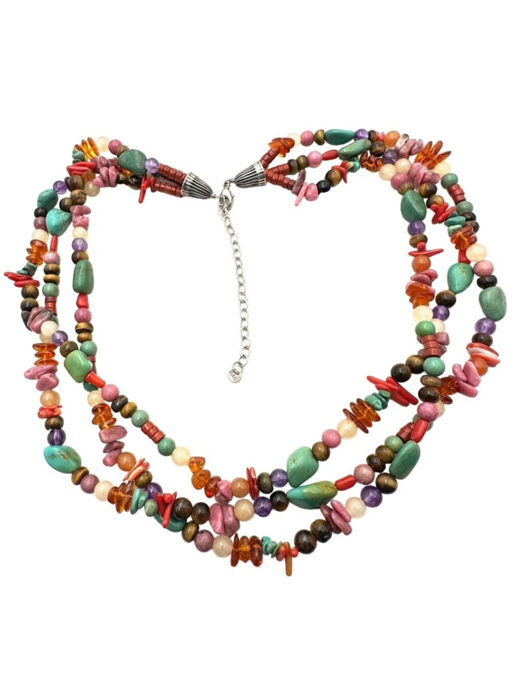 American Southwest Necklace Sterling Silver Multi Strand Turquoise Amber